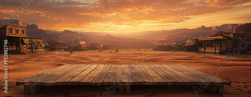 Wood podium product platform in a dry sand floor on western background