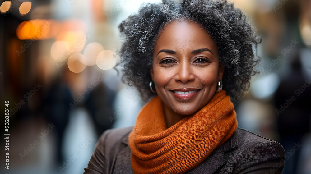 Portrait of a smiling woman with curly gray hair wearing a brown jacket and orange scarf. Portrait of a smiling woman with curly gray hair wearing a brown jacket and orange scarf.