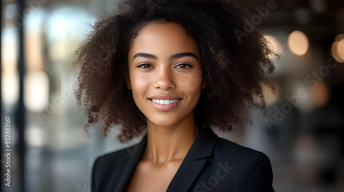 Portrait of a smiling woman with curly hair wearing a black blazer.