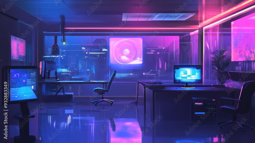 Fototapeta premium Futuristic Office Interior with Neon Lights