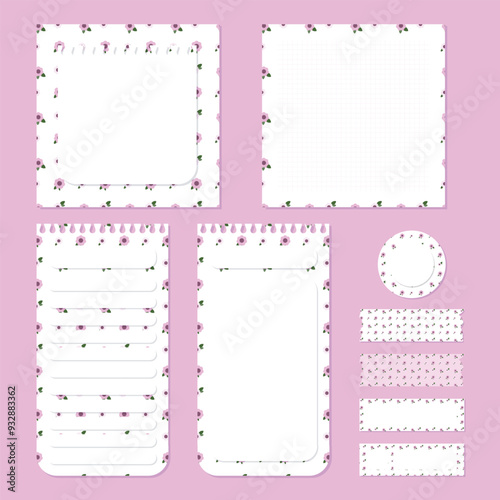 vector set of cute kawaii sweet pastel floral pattern notepad memo pad and scrapbooking elements