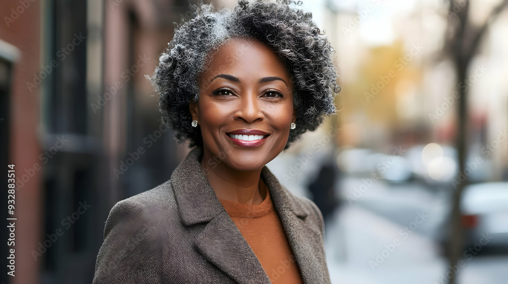Portrait of a smiling woman with gray hair wearing a brown jacket. Portrait of a smiling woman with gray hair wearing a brown jacket.