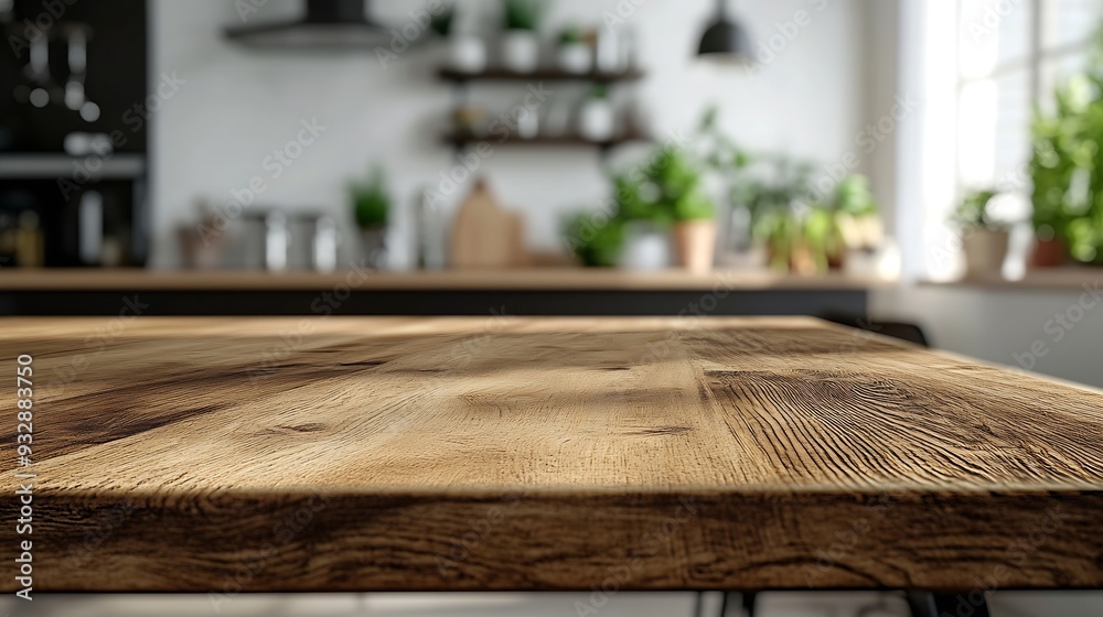 Kitchen wood table top for product display with blurred modern interior Wooden tabletop over defocused kitchen background kitchen furniture and desk space product promotion in the kitc : Generative AI Kitchen wood table top for product display with blurred modern interior Wooden tabletop over defocused kitchen background kitchen furniture and desk space product promotion in the kitc : Generative AI