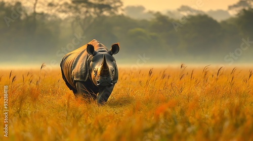 A male greater onehorned rhino walks in an alert manner in a meadow at Burapahar range of Kaziranga National Park Assam India : Generative AI photo