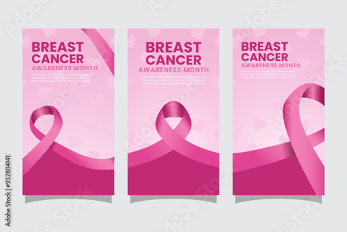 Breast Cancer awareness month stories set template banners for social media with pink ribbons. Flat style Illustration.