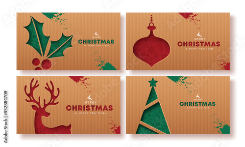 Merry christmas greetings card  vector card poster design. Christmas greeting text with printed elements like holly berry, reindeer, xmas tree and lantern in brown folded paper cut background. Vector 