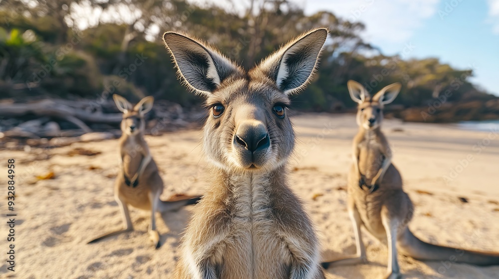 A group of eastern grey kangaroos on Pretty Beach in Murramarang National Park New South Wales Australia Kangaroos looking at the camera : Generative AI A group of eastern grey kangaroos on Pretty Beach in Murramarang National Park New South Wales Australia Kangaroos looking at the camera : Generative AI