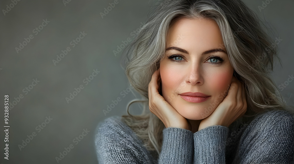 Portrait of a woman with gray hair and blue eyes. Portrait of a woman with gray hair and blue eyes.