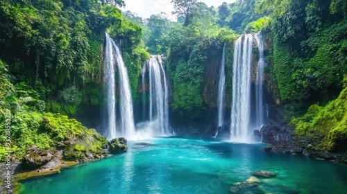 Majestic Waterfall in Lush Tropical Forest
