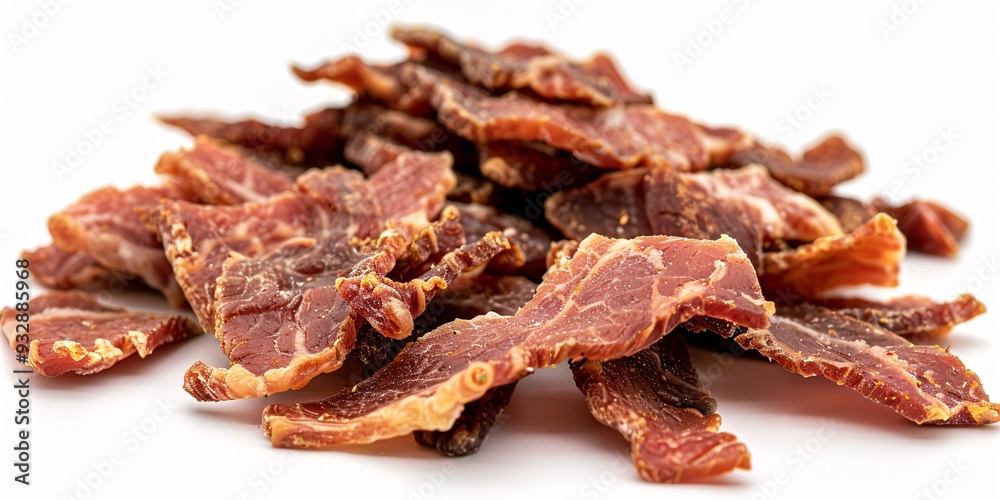 Savory Dried Meat Pieces on White Background. Savory Dried Meat Pieces on White Background.