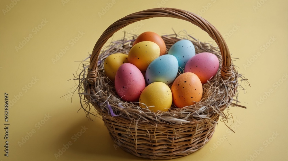 Easter traditions Brightly colored Easter eggs in a basket on a yellow background top view with copyspace. Easter traditions Brightly colored Easter eggs in a basket on a yellow background top view with copyspace.