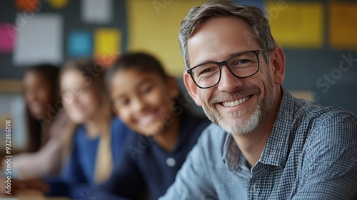 Portrait smiling high school teacher and students classroom : Generative AI