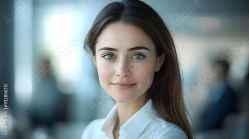 Portrait of a young woman with blue eyes and long brown hair smiling at the camera.