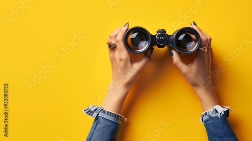 female hands hold black binoculars on a bright yellow background.