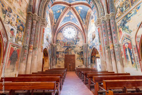 Italy, Apulia, Province of Lecce, Galatina. June 03, 2019. Basilica di Santa Caterina di Alessandri. Famous frescoes in the interior. Rose window.