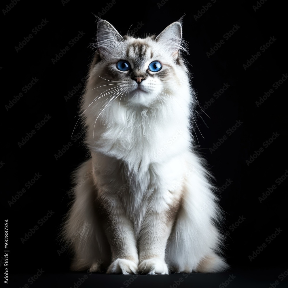 A stunning long-haired white cat with striking blue eyes and beautiful fur sits against a black background, perfect for pet-related content, adverts, or social media posts, A stunning long-haired white cat with striking blue eyes and beautiful fur sits against a black background, perfect for pet-related content, adverts, or social media posts,
