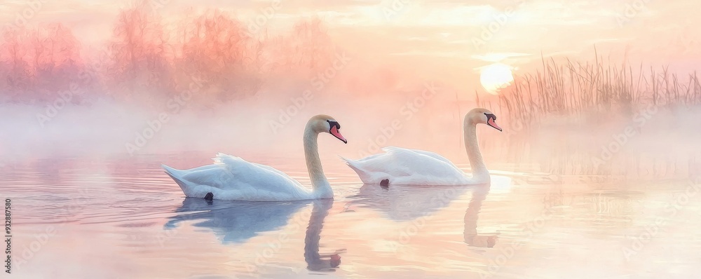 Fototapeta premium Serene scene of two swans gracefully gliding on a misty lake at sunrise, capturing tranquility and beauty in nature.