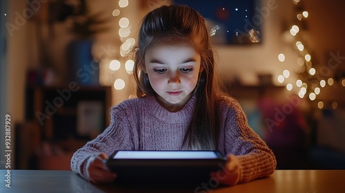 Elementary school girl studying at her desk at home while looking at a tablet PC : Generative AI photo