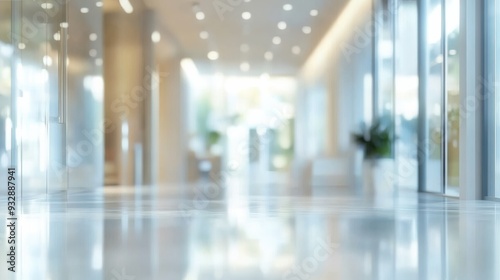 The luxurious interior of a modern lobby, with a blurred corridor and glass wall.