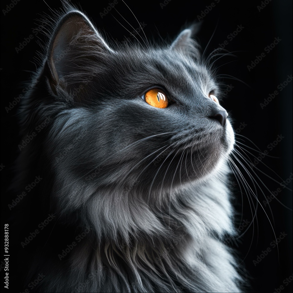 A close-up portrait of a fluffy grey cat with striking orange eyes gazing intently to the side, set against a dark background, perfect for pet-related content, animal magazines, and advertisements, A close-up portrait of a fluffy grey cat with striking orange eyes gazing intently to the side, set against a dark background, perfect for pet-related content, animal magazines, and advertisements,