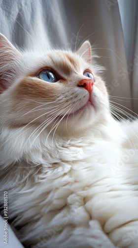 A close-up of a fluffy cat with blue eyes gazing intently, Perfect for pet-related websites, advertisements, or social media content emphasizing serene beauty and companionship,