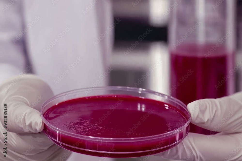 Scientist holding a petri dish with red liquid culture symbolizing the intersection of biotechnology and microbiology in modern laboratory research Scientist holding a petri dish with red liquid culture symbolizing the intersection of biotechnology and microbiology in modern laboratory research