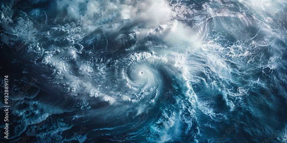 A powerful tropical cyclone with strong winds and intense weather conditions over the ocean. A powerful tropical cyclone with strong winds and intense weather conditions over the ocean.