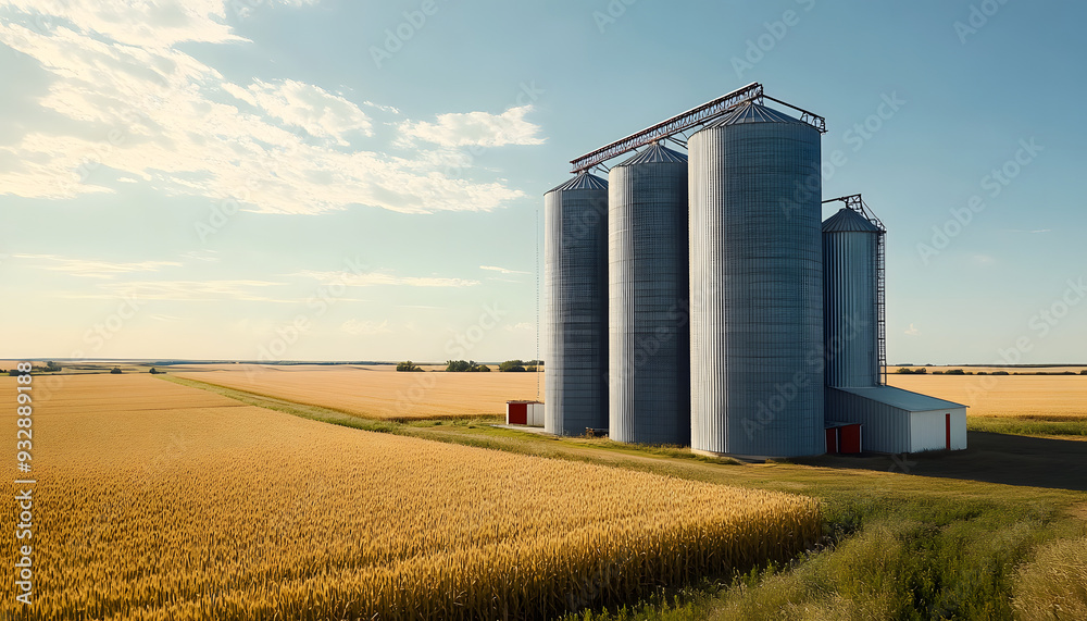 large modern grain elevator close-up in field on sunny summer day, Drone view isolated with white highlights, large modern grain elevator close-up in field on sunny summer day, Drone view isolated with white highlights,