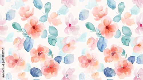 Delicate floral watercolor repeating design in soft pastel hues, ideal for cosmetic items or various uses.
