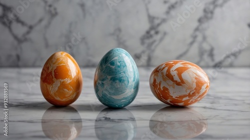 Easter eggs displayed on a marble background with copy space image. photo