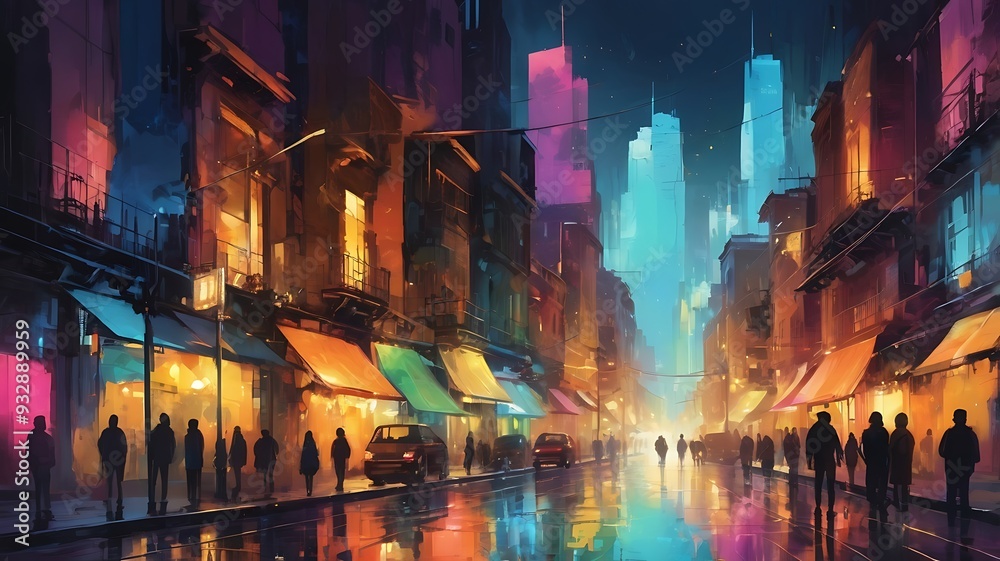 Naklejka premium skyline of the night cityscape with skyscrapers. Abstract. corrupted digital abstract.