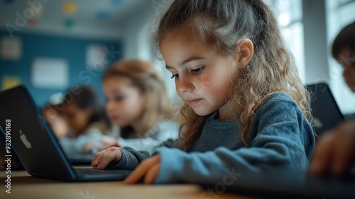 Group of TechSavvy Primary School Children Working on Their Laptop and Tablet Computers in Class Young Female Teacher Educating Kids on Internet Safety Basic Programming Languages and  : Generative AI