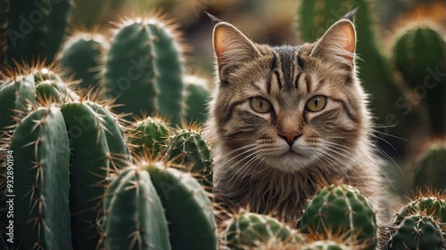 Cat hiding among cactus, close-up Nature and wildlife concept. photo