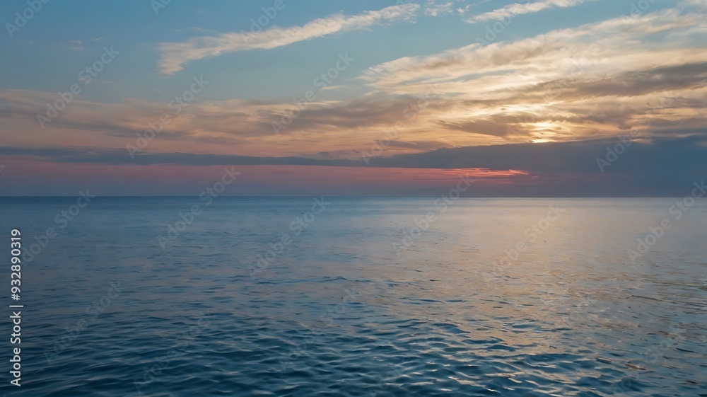 Scenic landscape view of a lake under great blue sky and sunset in horizon, reflection of clouds on clear water Scenic landscape view of a lake under great blue sky and sunset in horizon, reflection of clouds on clear water