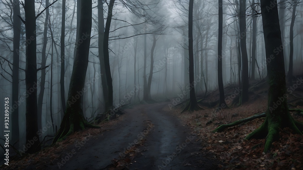 Fototapeta premium Dark and mysterious landscape view of spooky road in a forest, white fog covered all trees and sky isn't visible, there are no leaves on trees