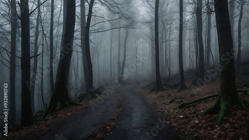 Dark and mysterious landscape view of spooky road in a forest, white fog covered all trees and sky isn't visible, there are no leaves on trees