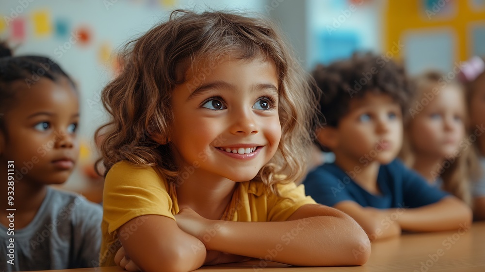 Group of ethnically diverse kids sitting at table in classroom doing exercise together during English lesson : Generative AI Group of ethnically diverse kids sitting at table in classroom doing exercise together during English lesson : Generative AI