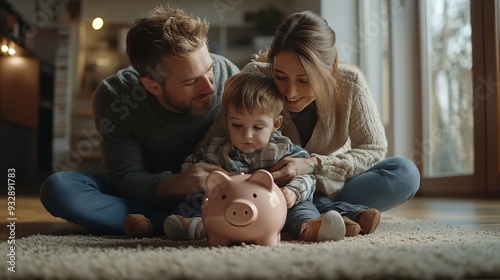 mam dad and son sit on the carpetfloor and save money in the piggy bank at home : Generative AI photo