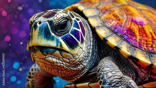 Colorful illustrated design of a turtle with colorful shell and background, animal's unique fantasy design  photo