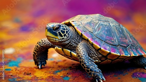 Colorful illustrated design of a turtle with colorful shell and background, animal's unique fantasy design  photo