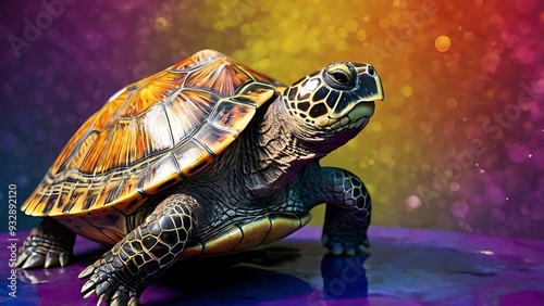 Colorful illustrated design of a turtle with colorful shell and background, animal's unique fantasy design  photo