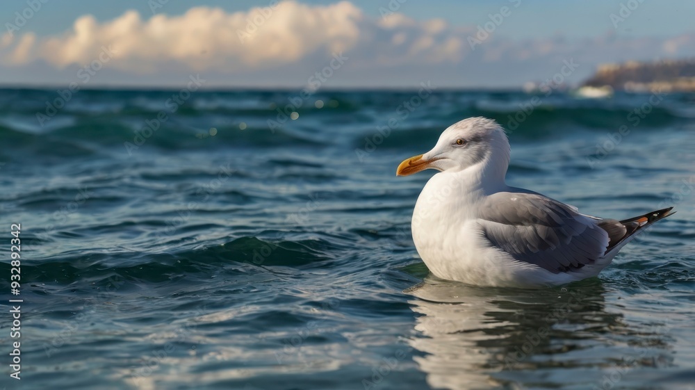 Closeup seagull on ocean water Closeup seagull on ocean water
