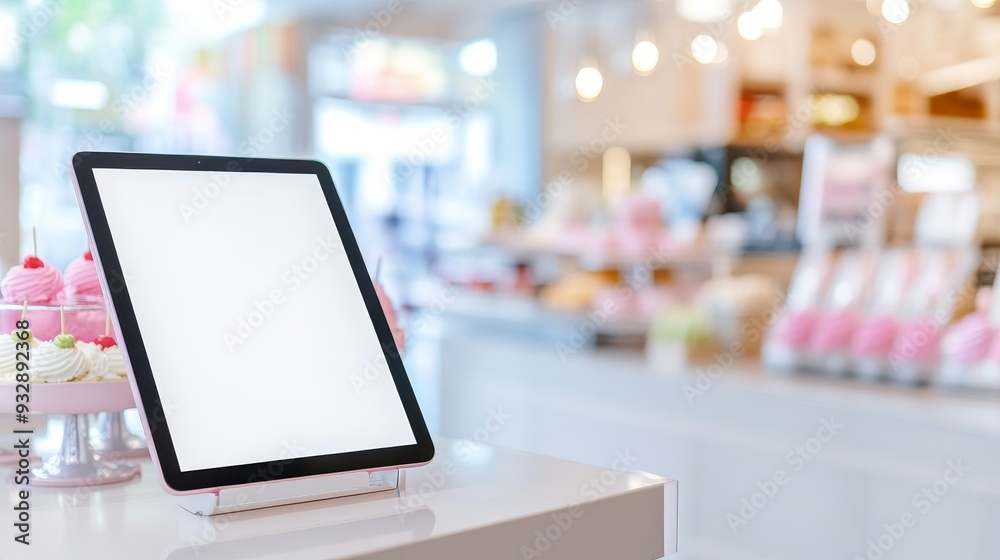 2408 46.white blank sleek touchscreen tablet place vertically with the screen facing the camera, in Gourmet ice cream parlor, elegant indoor flavor displays, tasting counter, and warm ambient 2408 46.white blank sleek touchscreen tablet place vertically with the screen facing the camera, in Gourmet ice cream parlor, elegant indoor flavor displays, tasting counter, and warm ambient