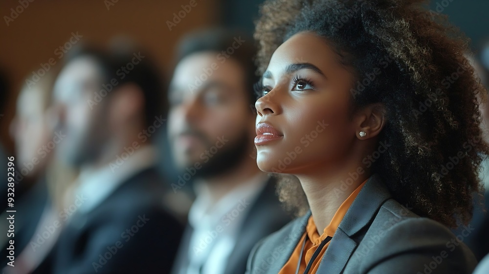 Fototapeta premium Multiracial group of business people listening to a speaker during an education event at convention center : Generative AI