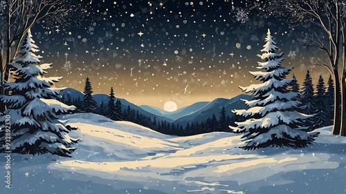 Snowy night pine forest in horizon landscape view, mood and stars in the sky, christmas holidays themed with snowflakes