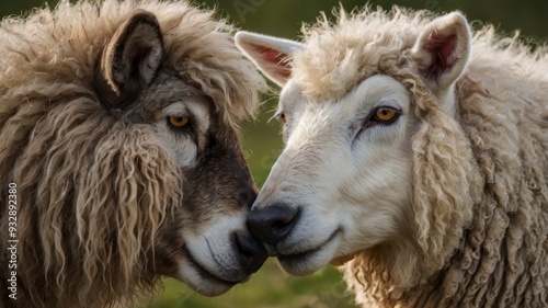  Closeup sheep and wolf face-to-face 