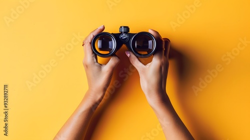 female hands hold black binoculars on a bright yellow background.