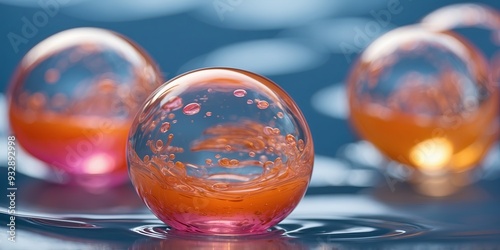 Pink and orange bubbles float in a blue liquid. photo