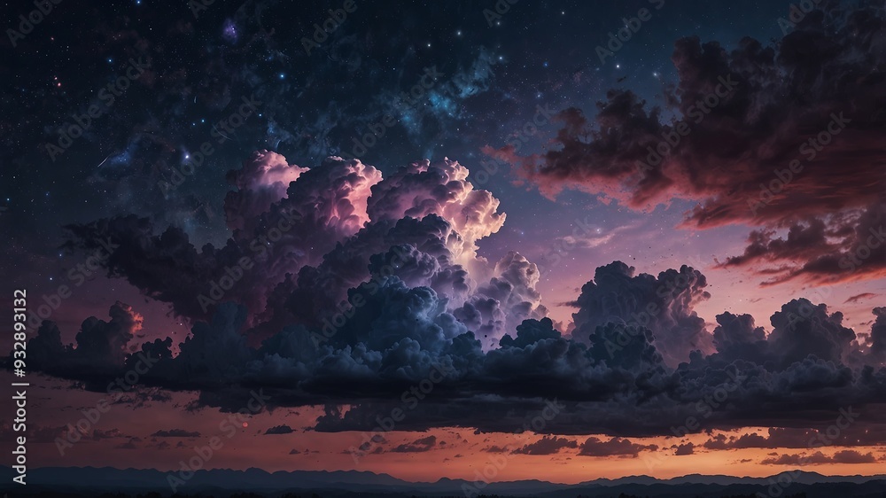 Dreamy celestial landscape with glowing purple and blue clouds. Dreamy celestial landscape with glowing purple and blue clouds.