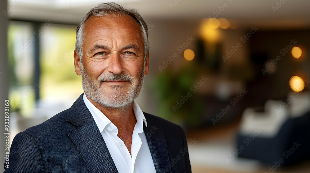Fototapeta premium Smiling mature man in a suit against blurred background.